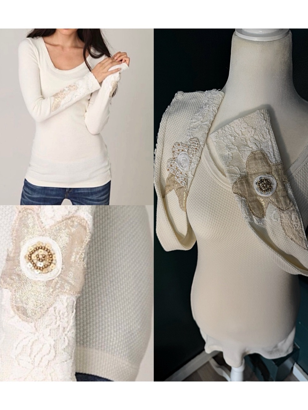 Free People • Heart On Your Sleeve Embellished Cuff Thermal Top RARE • Size M
